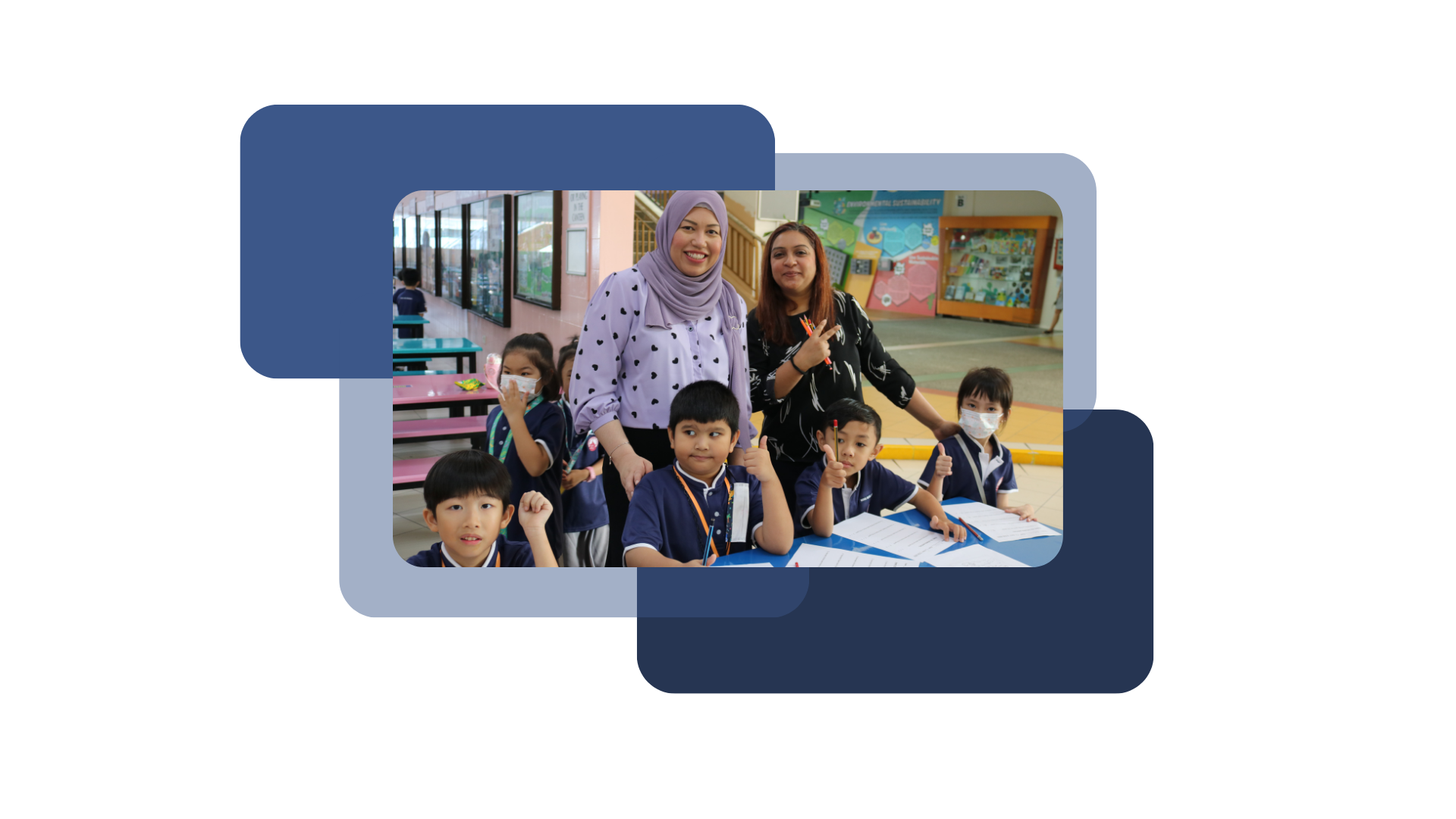 Two teachers posing with a group of young students in school uniforms with the students smiling and giving thumbs up while seated at a table with worksheets and folders.
